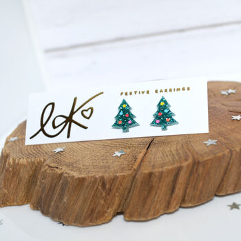 Laser Cut Green Glitter Christmas Tree Earrings Studs, 3 of 4