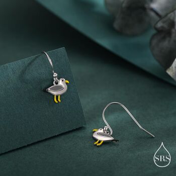 Sterling Silver Tiny Seagull Bird Drop Hook Earrings, 4 of 10