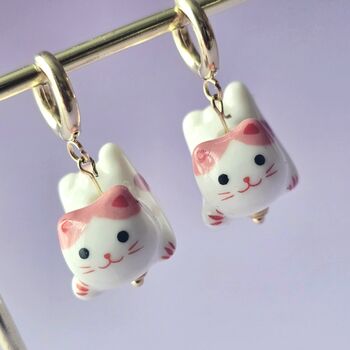 Pink Ceramic Cat Huggie Hoops Earrings, 4 of 6