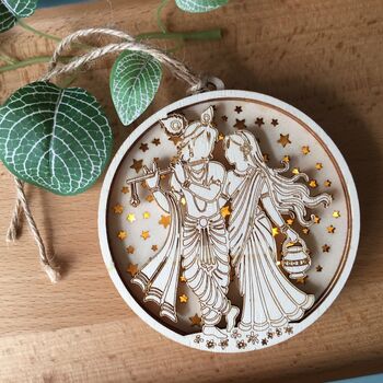 Radha Krishna Five Layer Wooden Light Up Ornament, 6 of 9