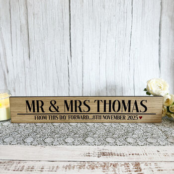 Personalised Oak Mr Mrs Wedding Sign With Names And Date, 2 of 4