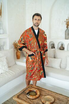 Men's Cotton Batik Kimono Robe In Red, 3 of 5