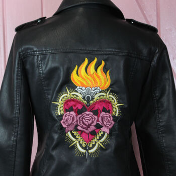 Flaming Heart Anatomical Heart Bride Leather Jacket, 5 of 10