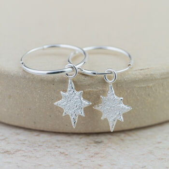 Sterling Silver Starburst Charm Hoops, 2 of 3