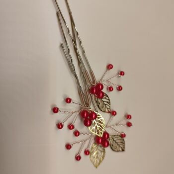 Red Berry And Gold Leaf Christmas Hair Pin Set – 3pcs, 3 of 12