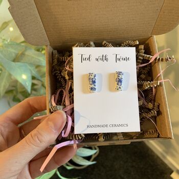 Minimalist Blue Floral Ceramic Bar Stud Earrings, Dainty Rectangular Studs, 11 of 11