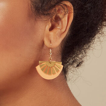 Sunset Leafy Green Brass Art Deco Acrylic Hook Fan Earrings, 2 of 6