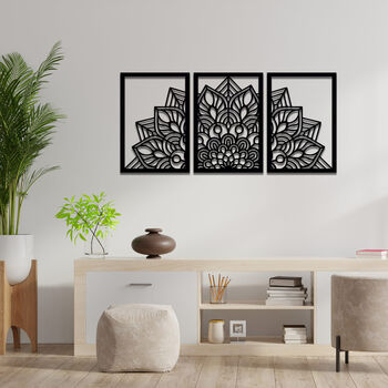 Triptych Wooden Wall Art Decor, Abstract Floral Mandala, 7 of 11