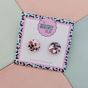 Circle Glitter Resin Stud Earrings Pink, Rainbow, Teal, Pink And Black, Neon Green, 6 of 12