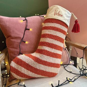 Personalised Green Stripe Hook Christmas Stocking, 5 of 10