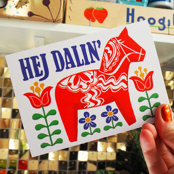 Hej Dalin Swedish Dala Horse Greeting Card, 2 of 4