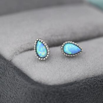 Sterling Silver Blue Opal Droplet Stud Earrings, 7 of 12