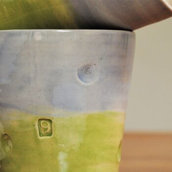 9th Anniversary Pottery Tumbler Blue Green Birthday Mug, 5 of 8