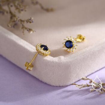 Sapphire Cz Flower Stud Earrings In Sterling Silver, 6 of 12