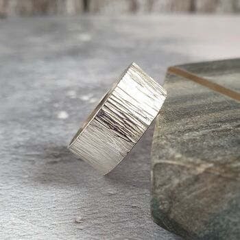 Handmade Superwide Bark Hammered Silver Band Ring, 5 of 6