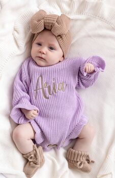 Personalised Embroidered Ruffle Detail Knitted Baby Romper Three Colours Available, 11 of 12