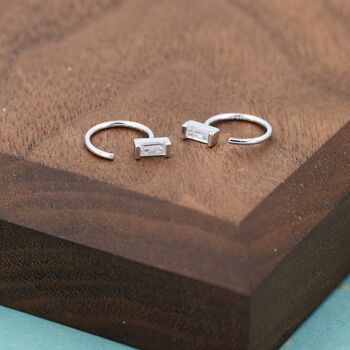 Vertical Baguette Cut Cz Huggie Hoop Earrings In Sterling Silver, 7 of 11