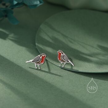 Enamel Robin Bird Stud Earrings In Sterling Silver, 4 of 12