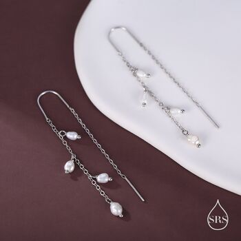 Sterling Silver Genuine Fresh Water Pearl Cascade U Shape Threader Earrings, 3 of 10