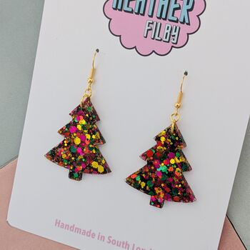 Large Green, Gold And Pink Glitter Christmas Tree Earrings, 2 of 4