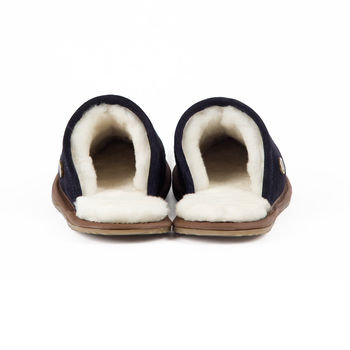 Mens Handmade Navy Sheepskin And Suede Slippers, 4 of 7