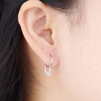 Silver Initials Hoop Earrings, Initial V Earrings, Pave Hoops, 2 of 7