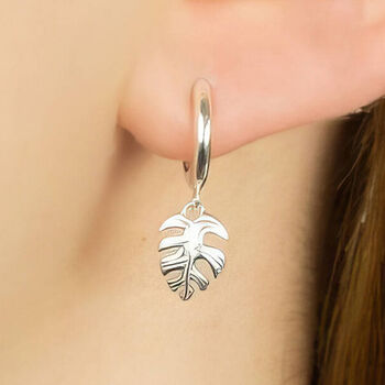 Sterling Silver Huggie Hoop Earrings With Tropical Palm Leaf Charms, 2 of 10