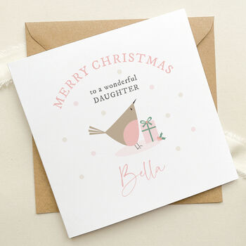 Personalised Christmas Card For Daughter: Robin With Christmas Gift Design, 3 of 5