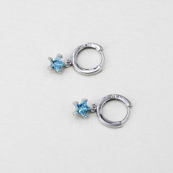 Sterling Silver Aqua Blue Cz Star Huggie Hoop Earrings, 5 of 12