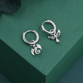 Mismatched Phoenix And Dragon Charm Huggie Hoop Earrings In Sterling Silver, 8 of 12