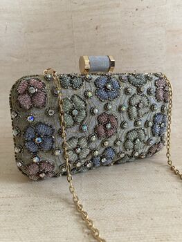 Grey Handcrafted Multicoloured Flower Rectangular Clutch, 5 of 11