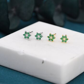 Emerald Green Cz Flower Stud Earrings Sterling Silver, 3 of 10