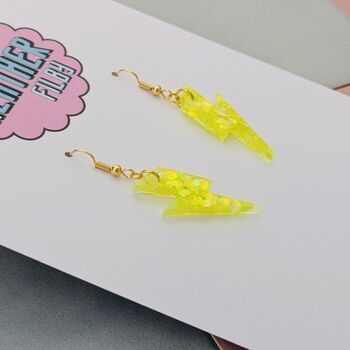 Neon Yellow Glitter Lightning Bolt Earrings Small And Large, 8 of 10