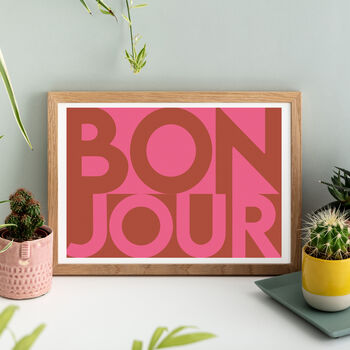 Bonjour Pink And Red Typography Print, 2 of 3