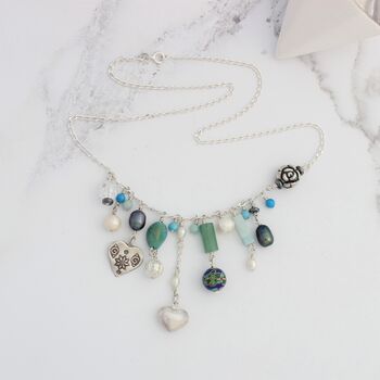 Turquoise And Green Gemstone Sterling Silver Charm Necklace, 5 of 11