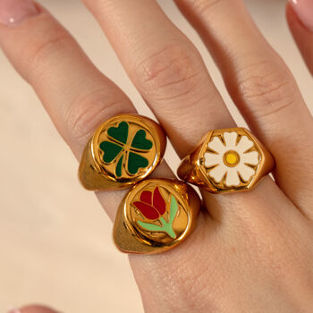 Signet Ring With Cute White Enamel Daisy Flower, 3 of 4