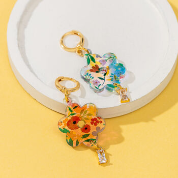 18 K Gold Plated Huggie Earrings With Iridescent Summer Flowers And A Hanging Gemstone, 3 of 10