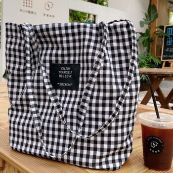 Summer Beach Black Checkered Pastel Cotton Large Tote Bags, 2 of 9