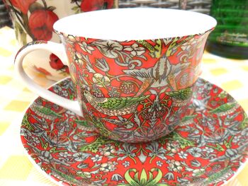 Large Cup And Saucer In William Morris Red Strawberry Thief Design, 8 of 9