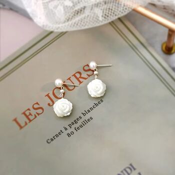 Kimberley Roses White Ivory Silver Pearl Ball Drop Flower Earrings, 4 of 5