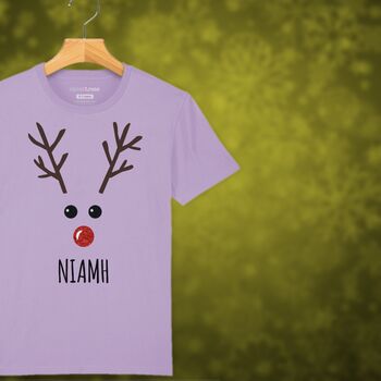 Rudolph The Reindeer Personalised Kids Christmas T Shirt, 2 of 12