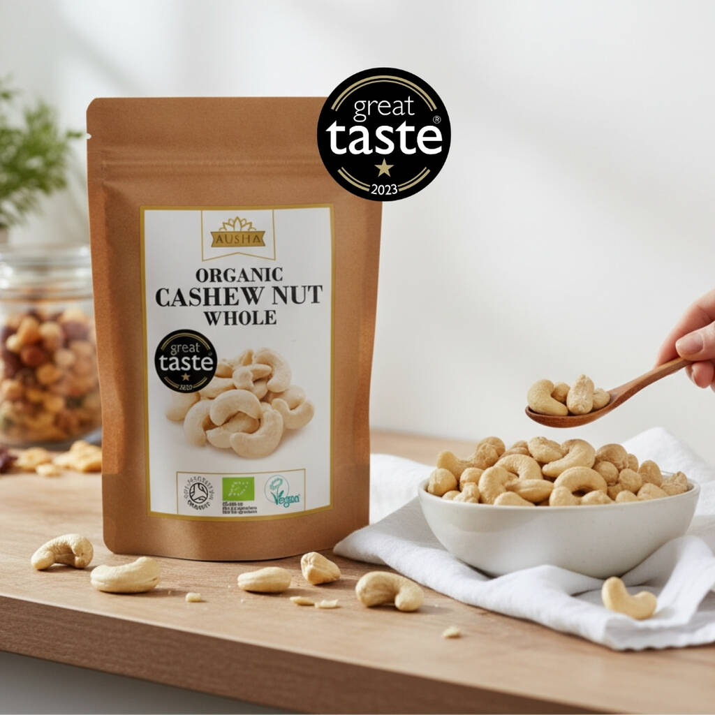 Ausha Organic Cashew Nuts 1kg Whole Great Taste Award UK Certified Organic By Soil Association, 1 of 12