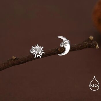 Mismatched Sun And Moon Screw Back Earrings In Sterling Silver, 2 of 10