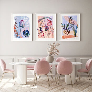 Pastel Botanical Print Set – Soft Hand Painted Leaf And Flower Trio, 4 of 12