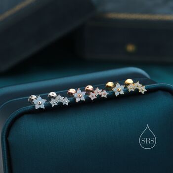 Asymmetric Forget Me Not Flower Cz Stud Earrings, 7 of 12