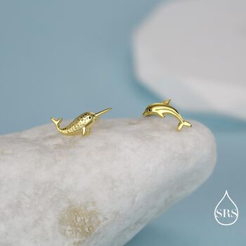 Mismatched Narwhal Unicorn Whale And Dolphin Stud Earrings In Sterling Silver, 6 of 12