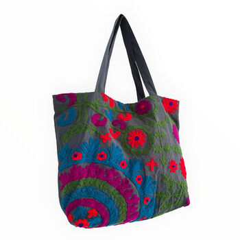 Embroidered Suzani Shoulder Bag In Dark Grey, 5 of 12
