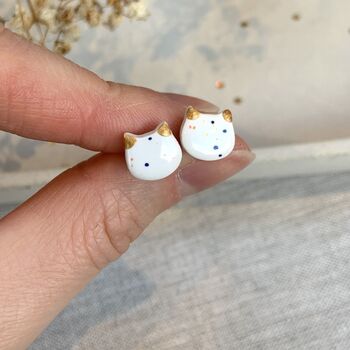 White Rainbow Specked Ceramic Cat Stud Earrings, 4 of 7