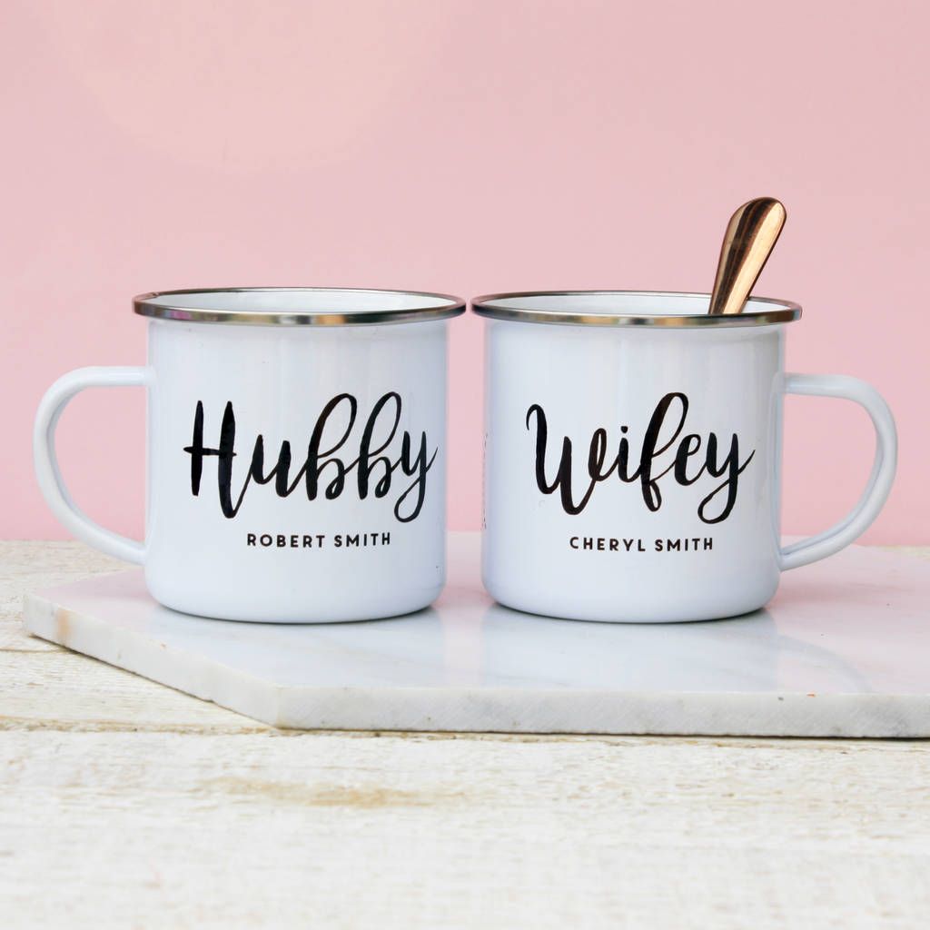 Personalised Hubby And Wifey Enamel Mug, 1 of 7