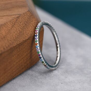 Sterling Silver Skinny Rainbow Crystal Pave Ring, 6 of 12